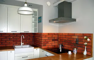 a kitchen with white cabinets and a red brick wall at Friedleina 7 Kamienica Prezydencka in Kraków