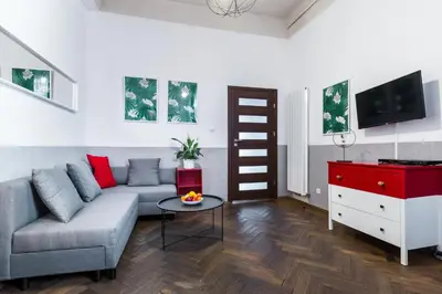 a living room with a couch and a tv at Friendhouse Apartments Starovislna in Kraków