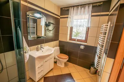 a bathroom with a sink toilet and a mirror at Agroturystyka 