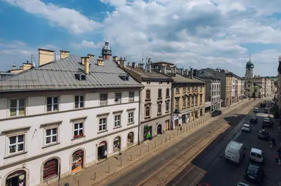 a view of a city street with buildings at BRAND NEW ! Lovely Apartment in the fabulous location OLD TOWN JEWISH TOWN WAWEL CASTLE in Kraków