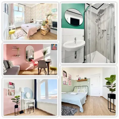 a collage of pictures of a bathroom and a bedroom at GREEN APARTMENTS #Kazimierz, building B in Kraków