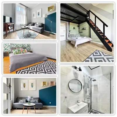 a collage of four pictures of a room at GREEN APARTMENTS #Kazimierz, building B in Kraków