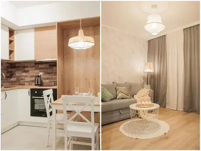 two pictures of a living room and a kitchen at Brown Sugar | free garage | 2 separate rooms in Kraków
