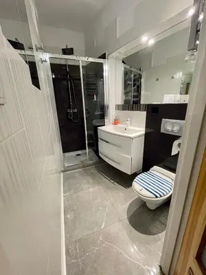 a bathroom with a shower and a toilet and a sink at XXL Apartment Old Town 24 h - check in, Wi-Fi in Kraków