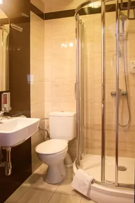a bathroom with a toilet and a sink and a shower at Vinci Hotel Airport in Modlniczka