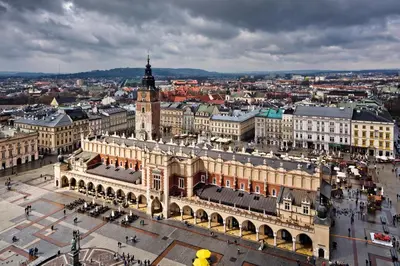 an aerial view of a large building in a city at Camera Apartments in Kraków