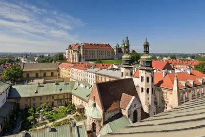 an aerial view of a city with buildings at Camera Apartments in Kraków