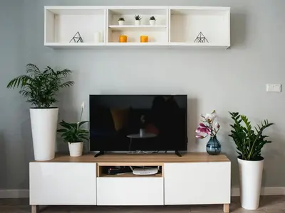 a living room with a tv on a white cabinet with plants at Nowe Zabłocie II in Kraków