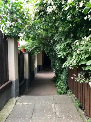 a walkway leading to a building with a fence at Rainbow Apartments 1 in Kraków