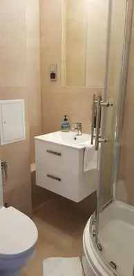a bathroom with a sink and a toilet and a shower at Apartament Bernadett in Oświęcim