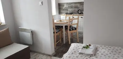 a small room with a kitchen and a table at Apartament Bernadett in Oświęcim