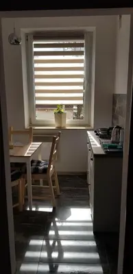 a kitchen with a table and a window with a plant at Apartament Bernadett in Oświęcim