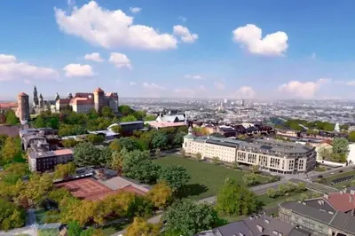an aerial view of a city with buildings and trees at Tweety Cracow House in the Old Town in Kraków