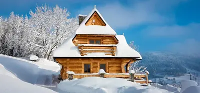 a wooden cabin covered in snow in the mountains at Jarogówka Stylowy dom góralski in Obidowa