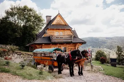 a horse drawn carriage in front of a wooden house at Jarogówka Stylowy dom góralski in Obidowa