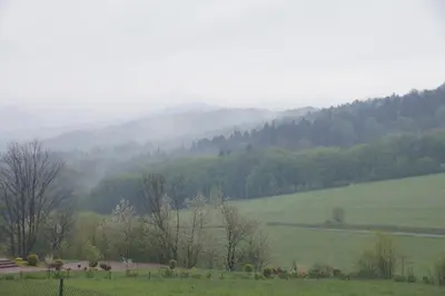 a foggy field with trees in the distance at Domek Tadeusz in Śleszowice Górne