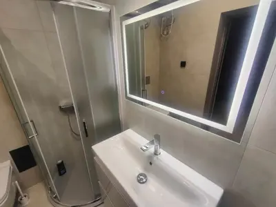 a bathroom with a sink and a shower and a mirror at Apartamenty Idylla in Kraków