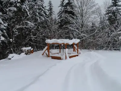 a gazebo covered in snow in a forest at Domki Pod Jałowcem in Lachowice