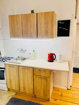 a kitchen with wooden cabinets and a sink at Apartment in Ivy covered house, near Old Town in Kraków