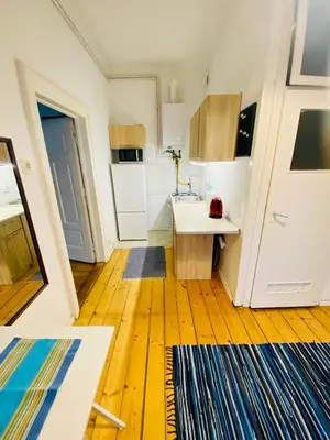 a small kitchen with a sink and a counter at Apartment in Ivy covered house, near Old Town in Kraków