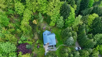 an aerial view of a blue house in the forest at Mountain Cottage Lubomierz in Lubomierz