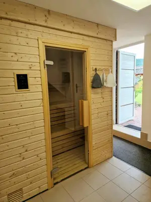 a bathroom with a shower in a wooden wall at Zawoja hrabkowa Jastrzębowka in Zawoja