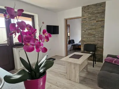 a living room with a vase with purple flowers in it at Apartamenty u Krystyny in Klikuszowa