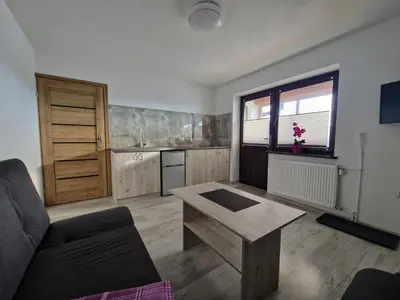 a living room with a couch and a table at Apartamenty u Krystyny in Klikuszowa