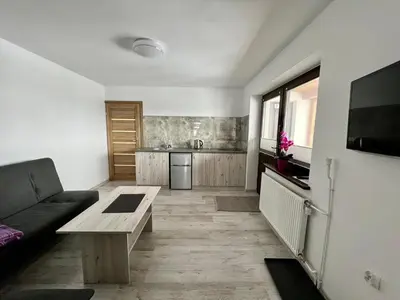a living room with a couch and a table at Apartamenty u Krystyny in Klikuszowa