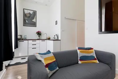 a living room with a gray couch with colorful pillows at Platinum Suites in Kraków