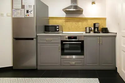 a kitchen with a stove and a refrigerator at Cozy Apartments Krakowska Street, Kazimierz District in Kraków