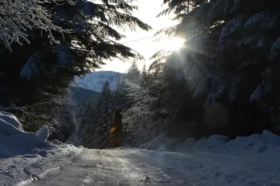 a person is walking down a snow covered road at Zawojka in Zawoja