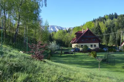 a house on the side of a hill with a yard at Zawojka in Zawoja