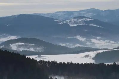 a village covered in snow with mountains in the background at Podbucznik 2 Mosorny in Targoszów