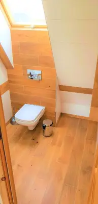 a bathroom with a toilet in a attic at Domek Agroturystyczny na Putówce in Słopnice