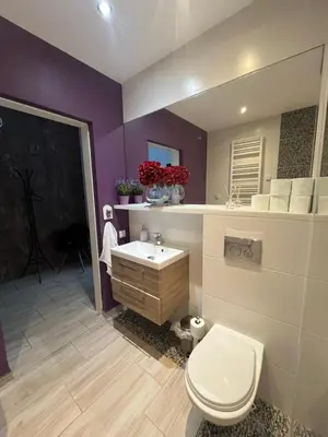 a bathroom with a white toilet and a sink at Way2Stay Browar Lubicz in Kraków