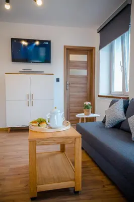 a living room with a couch and a table at GOLDEN ROOMS blisko Energylandii in Zator