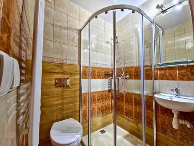 a bathroom with a shower and a toilet and a sink at U Zosi in PyzÃ³wka