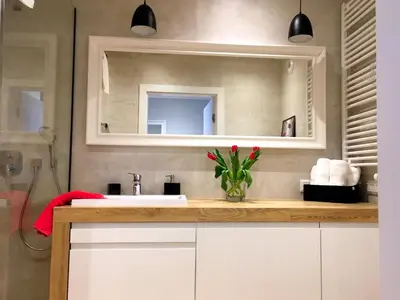 a bathroom with a sink and a mirror at APARTAMENT LIPSKA 4 in Kraków