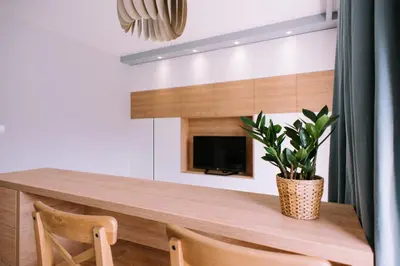 a dining room table with two chairs and a potted plant at Julia Apartments Rakowicka - Old Town in Kraków