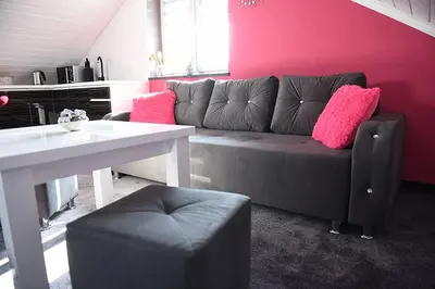 a living room with a gray couch with pink pillows at Rajska Oaza in Przybradz