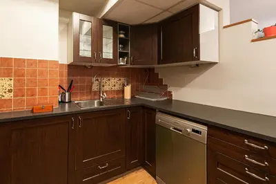 a kitchen with wooden cabinets and a sink and a dishwasher at Negroni Apartments in Kraków