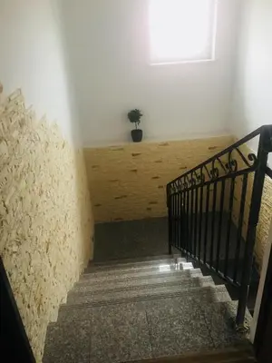 a stairway with a potted plant sitting on a wall at Apartamenty Majka in Zator