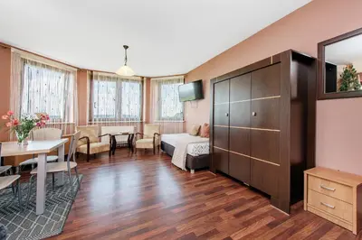 a living room with a bed and a dining room at RYSIÓWKA pokoje gościnne in Modlniczka