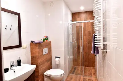 a bathroom with a shower and a toilet and a sink at ANGELS A in Zator