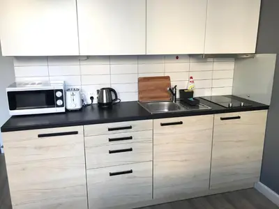 a kitchen with a sink and a microwave at Apartment II GrayFor2 Old Town Kraków in Kraków