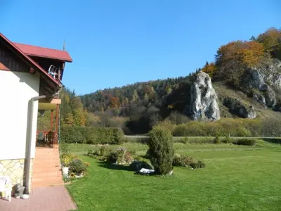 a house with a yard with a mountain in the background at Gospodarstwo Agroturystyczne Dolina Zachwytu in Sułoszowa