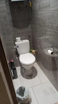 a small bathroom with a toilet and a shower at Queens house in Oświęcim