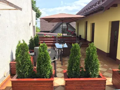 a patio with a table with an umbrella and plants at Mączne Skały in Biały Kościół