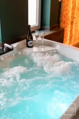 two wine glasses and a bottle of wine in a bath tub at Exclusive Apartment Centrum in Wadowice